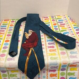 Vtg Norman Rockwell Art Silk Neck Tie Christmas Green 1994 Santa Ladder Map